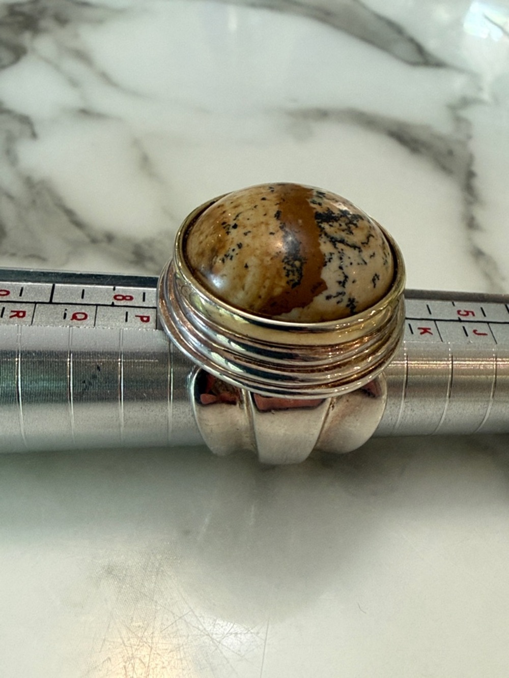RLM Studios domed jasper ring in brass and silver, size 7
